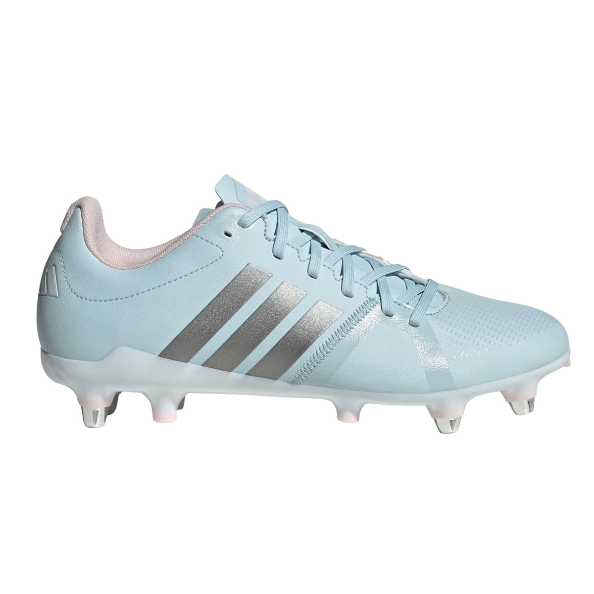 Ice blue adidas RS-15 Avaglide Rise SG rugby boot with iron and pink accents, conical metal studs for superior traction on soft ground—ideal for women’s rugby—features a lace-up closure and is shown from the side against a white background.