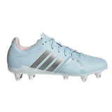 Ice blue adidas RS-15 Avaglide Rise SG rugby boot with iron and pink accents, conical metal studs for superior traction on soft ground—ideal for women’s rugby—features a lace-up closure and is shown from the side against a white background.