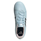 Ice Blue adidas RS-15 Avaglide Rise SG women’s rugby boots with Iron and Pink accents, viewed from above to highlight the laces, toe cap texture, and Adidas logo on the insole—engineered by adidas for optimal soft ground rugby performance.