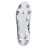 Bottom view of an adidas RS-15 Avaglide Rise SG rugby boot in Ice Blue/Iron/Pink, featuring six metal studs and three plastic studs, with the iconic adidas logo near the forefoot. Designed specifically for women, this soft ground boot provides grip and stability for high-performance play.