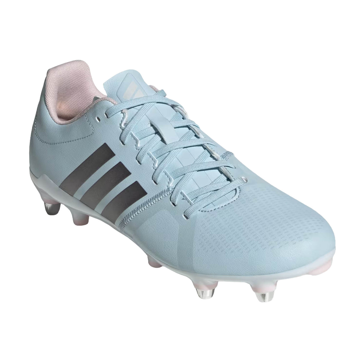 Introducing the adidas RS-15 Avaglide Rise SG in Ice Blue/Iron/Pink—a versatile women’s soft ground rugby boot featuring a light blue upper with iron (black) stripes, metal studs for reliable traction, and a light pink inner lining. Inspired by adidas innovation and designed for comfort on the pitch, these boots are shown here on a white background.