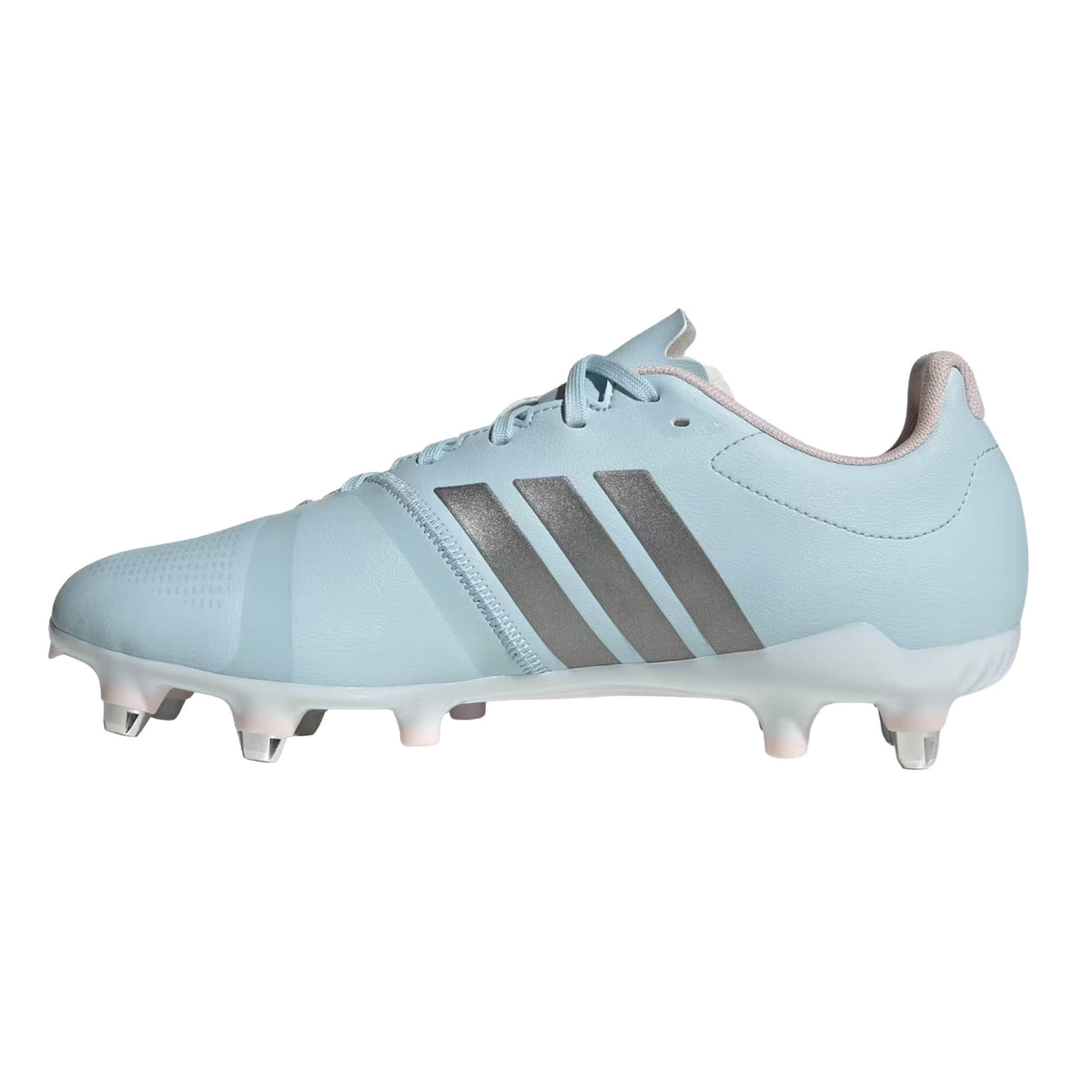 The adidas RS-15 Avaglide Rise SG rugby boots for women are shown from the side against a white background, highlighting their Ice Blue upper with Iron and Pink accents, lace-up closure, and metal studs on the sole.