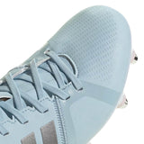 Close-up of the adidas RS-15 Avaglide Rise SG in Ice Blue/Iron/Pink, highlighting its laces, textured upper, and metal-tipped studs on the outsole—perfect for players seeking high-performance soft ground rugby boots.