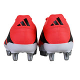 Back view of a pair of pink, black, and white adidas Kakari SG Rugby Boots with silver studs, shown against a white background. Designed for soft ground, these boots provide excellent traction and support on the pitch.