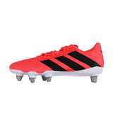 The adidas-Kakari SG Rugby Boots in pink with black stripes and a white sole feature six metal studs for exceptional traction on soft ground. Shown from the side against a white background, these rugby boots by adidas are engineered to enhance performance and grip on wet or muddy pitches.