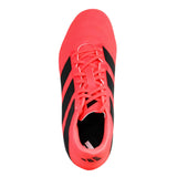 A top view of the adidas-Kakari SG Rugby Boots in bright pink with black stripes and matching pink laces, showcased on a white background—high-performance rugby boots from adidas designed specifically for soft ground play.