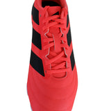 An overhead close-up showcases the adidas-Kakari SG Rugby Boots in striking pink with black stripes and a white midsole, finished with matching pink laces—perfectly highlighting the iconic adidas design, purpose-built for soft ground play.