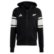 The All Blacks 26/27 Travel Full Zip Hoodie by adidas is a black hoodie with white sleeve stripes, hood, front pockets, and adidas and silver fern logos—ideal for New Zealand rugby fans.