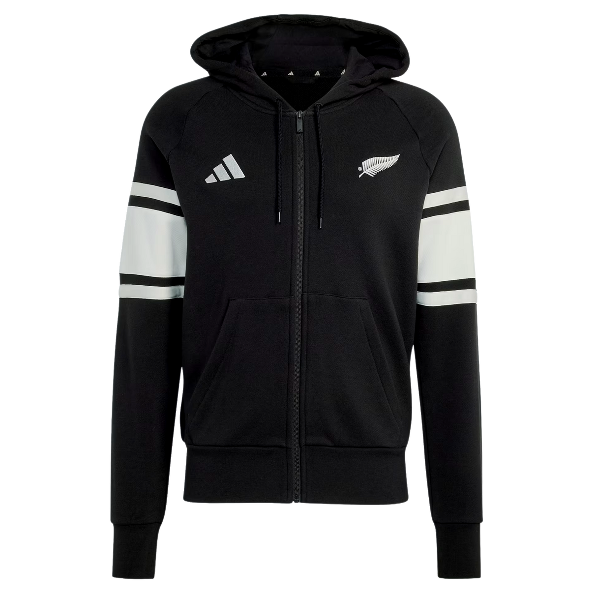 The All Blacks 26/27 Travel Full Zip Hoodie by adidas is a black hoodie with white sleeve stripes, hood, front pockets, and adidas and silver fern logos—ideal for New Zealand rugby fans.
