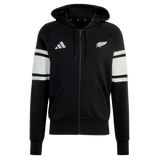 The All Blacks 26/27 Travel Full Zip Hoodie by adidas is a black hoodie with white sleeve stripes, hood, front pockets, and adidas and silver fern logos—ideal for New Zealand rugby fans.