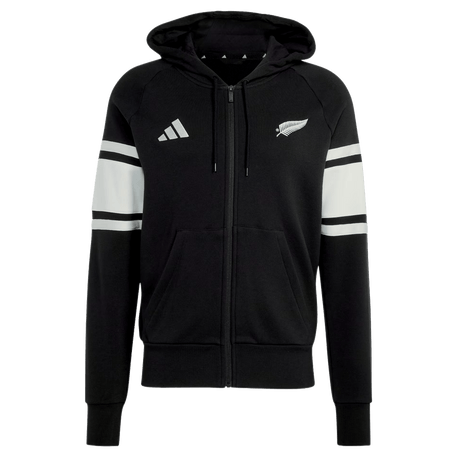 The All Blacks 26/27 Travel Full Zip Hoodie by adidas is a black hoodie with white sleeve stripes, hood, front pockets, and adidas and silver fern logos—ideal for New Zealand rugby fans.