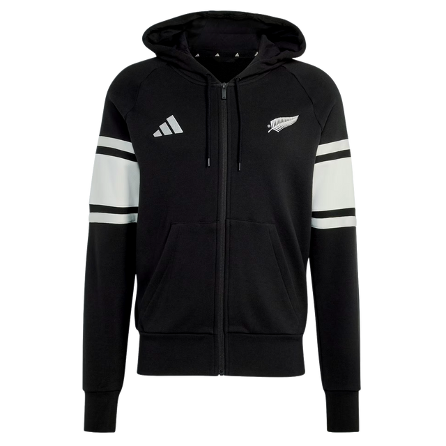 The All Blacks 26/27 Travel Full Zip Hoodie by adidas is a black hoodie with white sleeve stripes, hood, front pockets, and adidas and silver fern logos—ideal for New Zealand rugby fans.