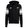 The All Blacks 26/27 Travel Full Zip Hoodie by adidas is a black hoodie with white sleeve stripes, hood, front pockets, and adidas and silver fern logos—ideal for New Zealand rugby fans.