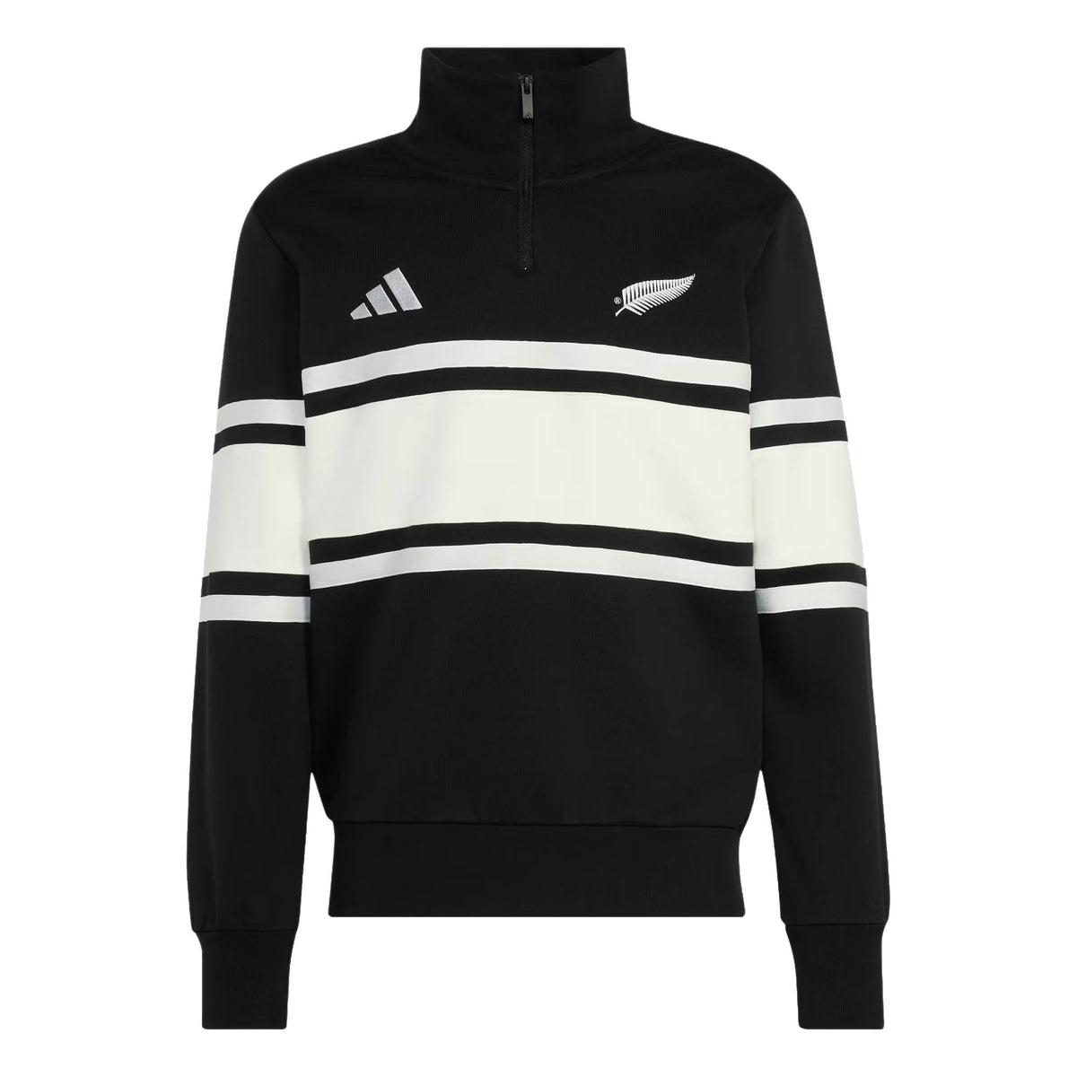 The All Blacks 26/27 Leisurewear 1/4 Zip Sweatshirt by adidas features a classic black and white design with two bold horizontal white stripes, the iconic adidas logo on the right chest, and a silver fern emblem on the left chest. This adidas pullover is the perfect blend of comfort and style for New Zealand Rugby fans, making it an essential piece of All Blacks leisurewear.
