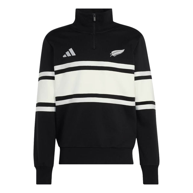 The All Blacks 26/27 Leisurewear 1/4 Zip Sweatshirt by adidas features a classic black and white design with two bold horizontal white stripes, the iconic adidas logo on the right chest, and a silver fern emblem on the left chest. This adidas pullover is the perfect blend of comfort and style for New Zealand Rugby fans, making it an essential piece of All Blacks leisurewear.