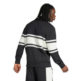 A man with long braided hair, facing away from the camera against a plain background, wears the All Blacks 26/27 Leisurewear 1/4 Zip Sweatshirt by adidas—a perfect showcase of New Zealand Rugby leisurewear styled with its black fabric and white and black horizontal stripes.