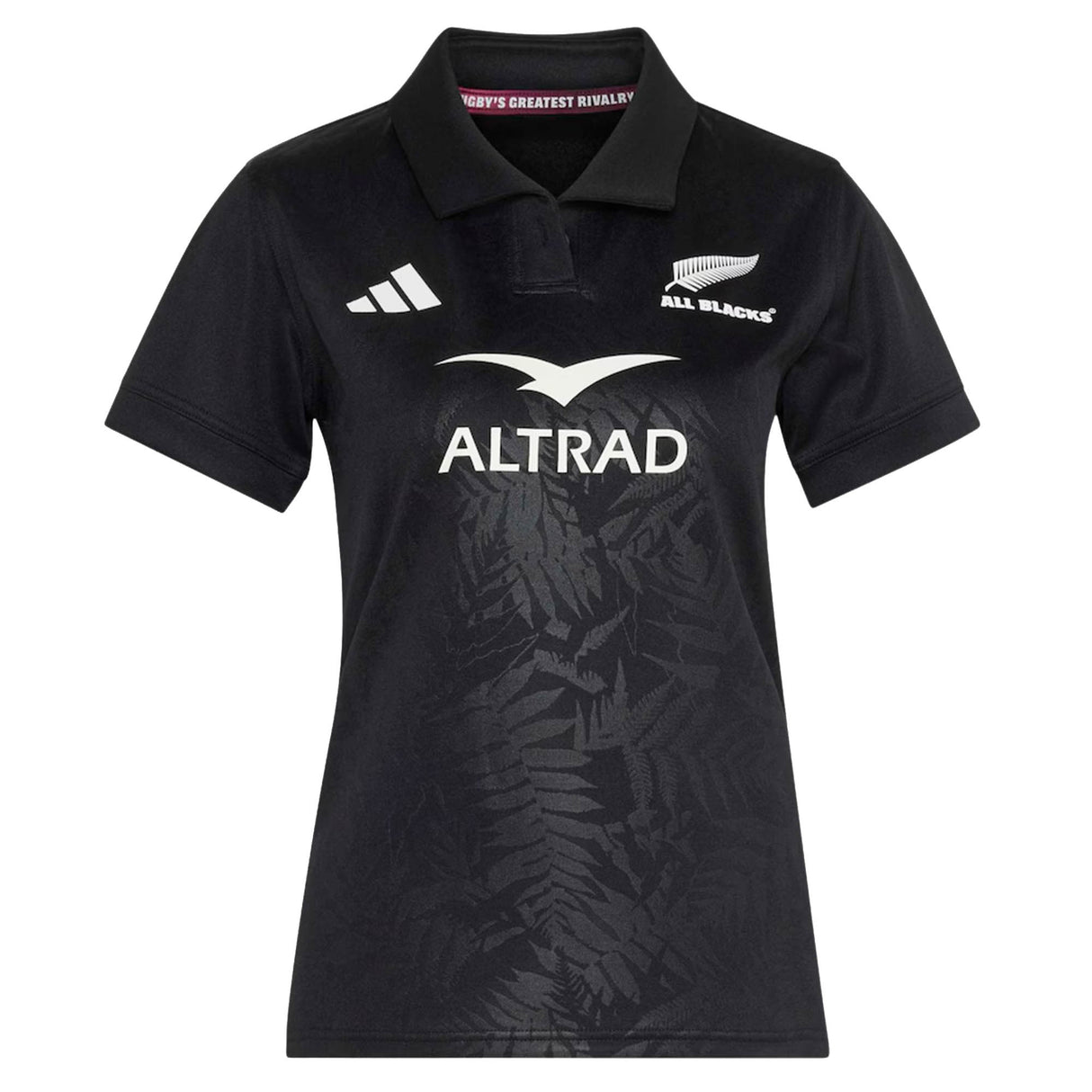 Introducing the adidas Women’s All Blacks Greatest Rivalry Replica Home Jersey—a black short-sleeve rugby jersey showcasing the iconic All Blacks logo, Altrad sponsor, and a subtle fern pattern on the front. Finished with a white adidas logo on the right chest, this replica jersey combines classic style with modern performance.