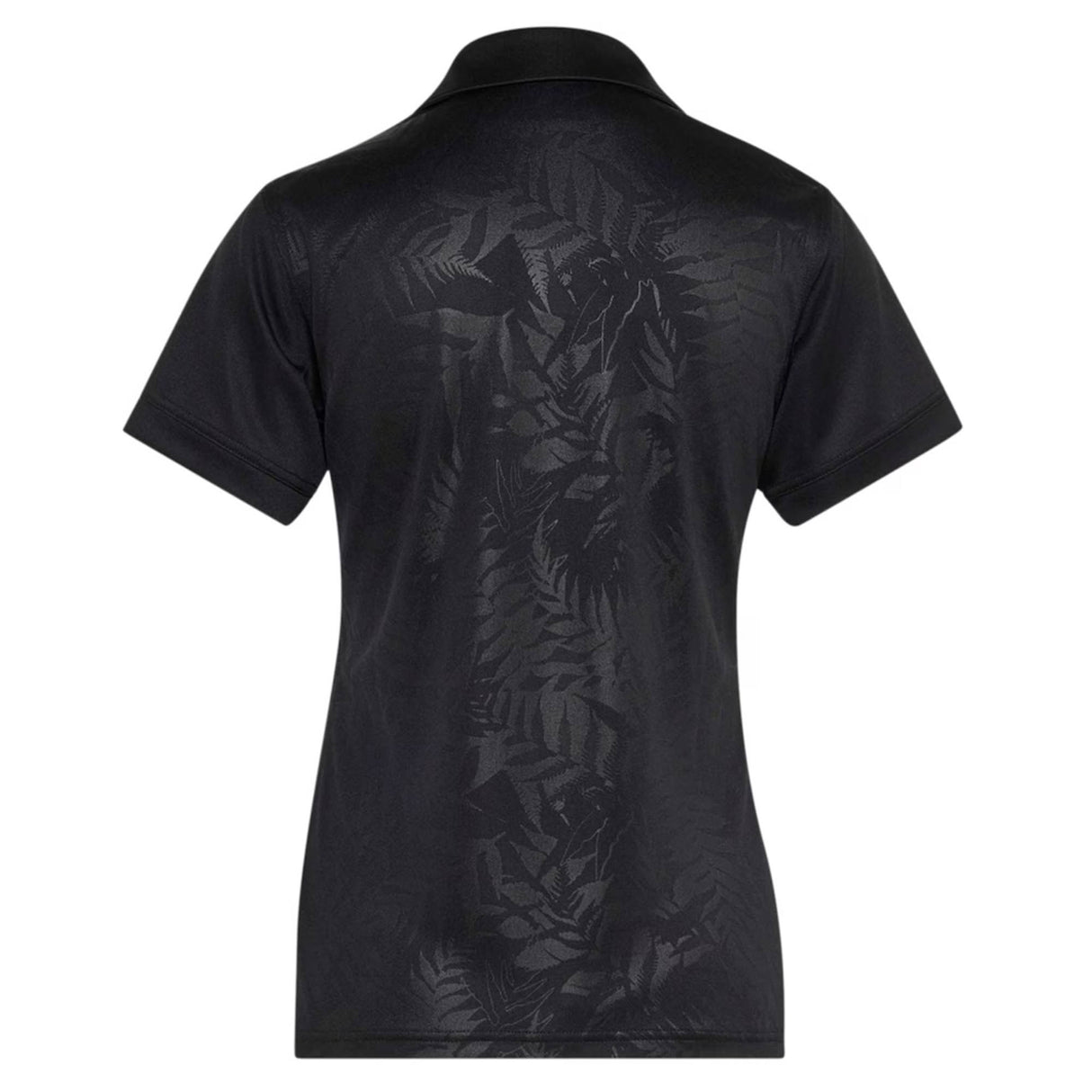 Back view of the adidas Women’s All Blacks Greatest Rivalry Replica Home Jersey in black, featuring a subtle, glossy leaf pattern across the short sleeves and fabric.