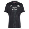 Introducing the All Blacks Greatest Rivalry Replica Home Jersey by adidas—a black rugby polo shirt adorned with adidas, Altrad, and All Blacks logos. Its subtle fern pattern on the front pays tribute to rugby heritage.