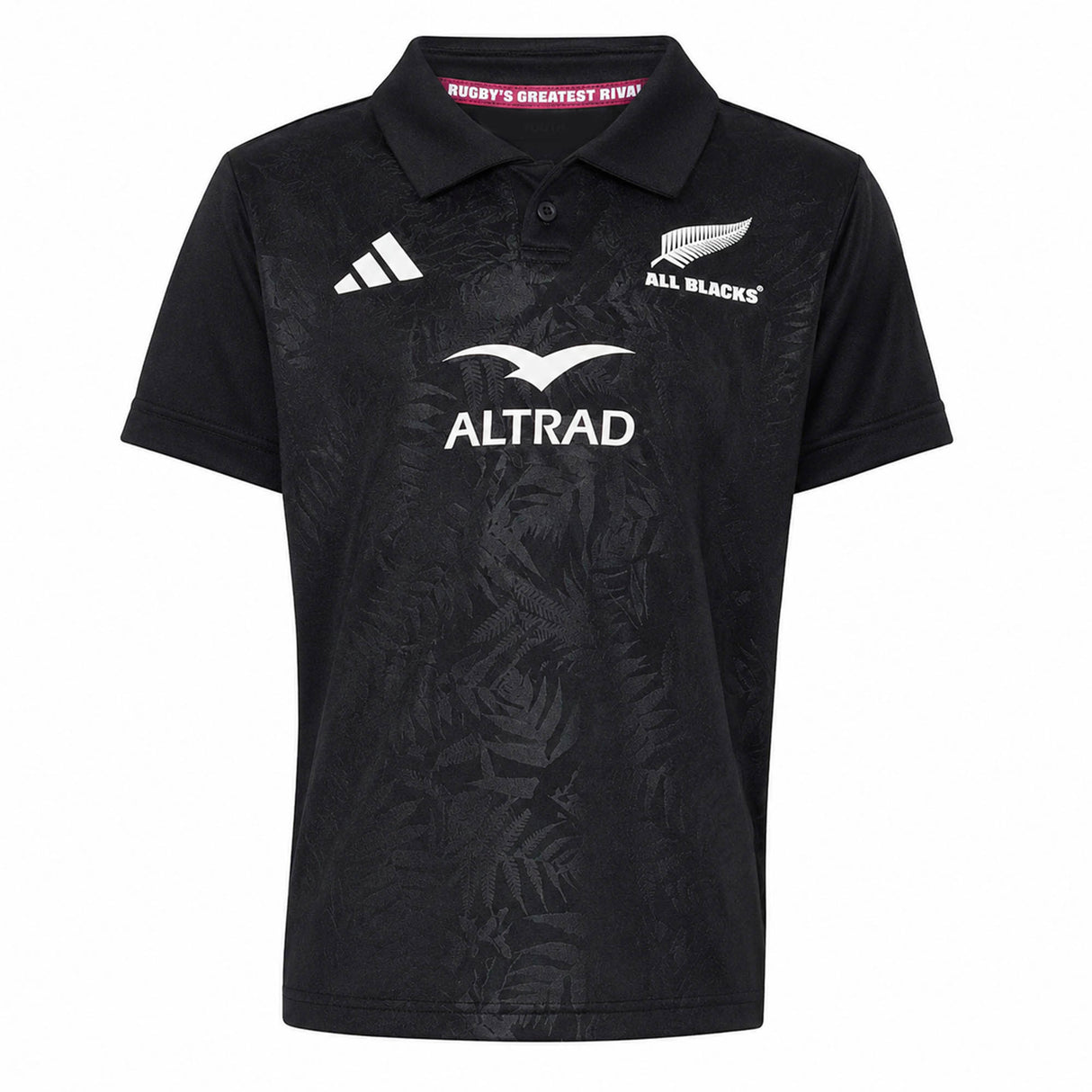 Youth-sized black rugby polo jersey from adidas with All Blacks and Altrad logos on the front, showcasing a subtle fern pattern and classic collar—an authentic Youth All Blacks Greatest Rivalry Replica Home Jersey inspired by New Zealand Rugby.