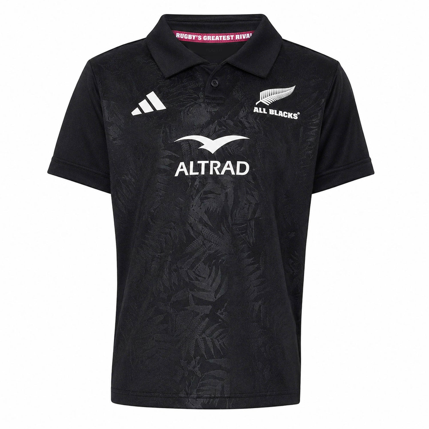 Youth-sized black rugby polo jersey from adidas with All Blacks and Altrad logos on the front, showcasing a subtle fern pattern and classic collar—an authentic Youth All Blacks Greatest Rivalry Replica Home Jersey inspired by New Zealand Rugby.