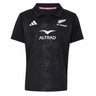 Youth-sized black rugby polo jersey from adidas with All Blacks and Altrad logos on the front, showcasing a subtle fern pattern and classic collar—an authentic Youth All Blacks Greatest Rivalry Replica Home Jersey inspired by New Zealand Rugby.