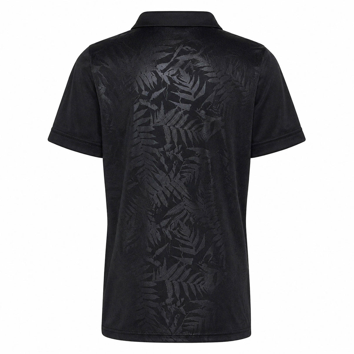 Youth All Blacks Greatest Rivalry Replica Home Jersey by adidas—a black short-sleeve polo featuring a subtle, glossy fern leaf pattern on the back, inspired by New Zealand Rugby’s iconic design, displayed against a white background.