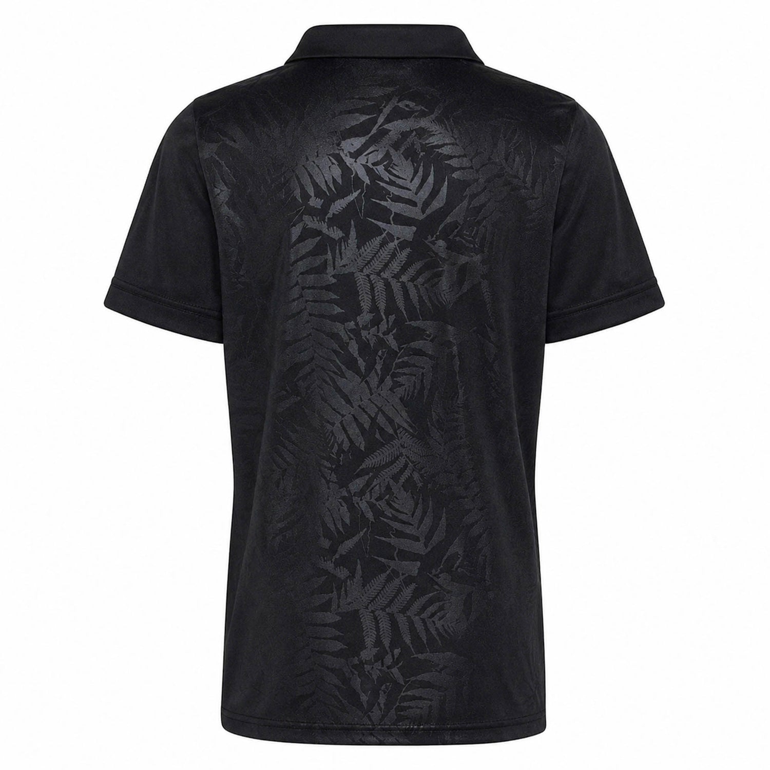 Youth All Blacks Greatest Rivalry Replica Home Jersey by adidas—a black short-sleeve polo featuring a subtle, glossy fern leaf pattern on the back, inspired by New Zealand Rugby’s iconic design, displayed against a white background.