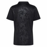 Youth All Blacks Greatest Rivalry Replica Home Jersey by adidas—a black short-sleeve polo featuring a subtle, glossy fern leaf pattern on the back, inspired by New Zealand Rugby’s iconic design, displayed against a white background.