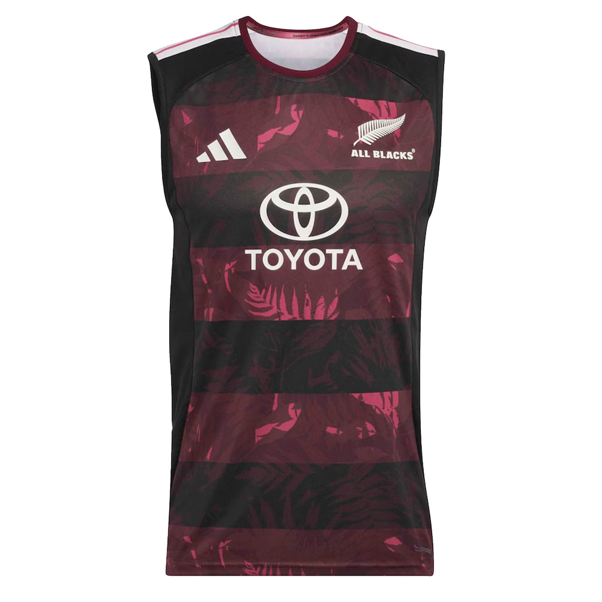 Crafted by adidas, the All Blacks Greatest Rivalry Training Singlet features sleeveless maroon and black stripes with the All Blacks logo, adidas branding, and Toyota sponsor on the front—an ideal singlet inspired by the adidas South Africa tour for peak rugby performance.
