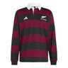 The All Blacks 26/27 Heritage LS Polo by adidas is a long-sleeve rugby shirt featuring wide maroon and black horizontal stripes, a crisp white collar, and embroidered logos—including adidas branding and the iconic All Blacks crest—celebrating New Zealand’s rich rugby heritage.