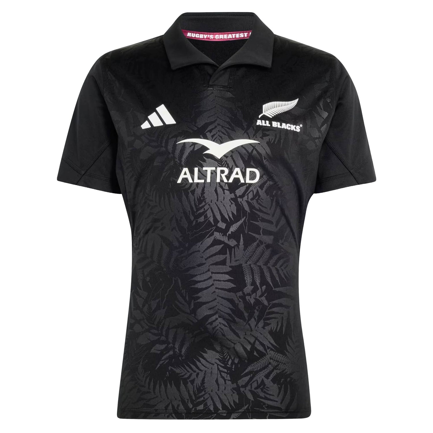 Elevate your rugby collection with the All Blacks Greatest Rivalry Performance Home Jersey by adidas—a black short-sleeve jersey featuring a distinctive fern pattern, classic collar with “RUGBY’S GREATEST” printed inside, and bold white sponsor and team logos, designed for true fans of performance rugby shirts.