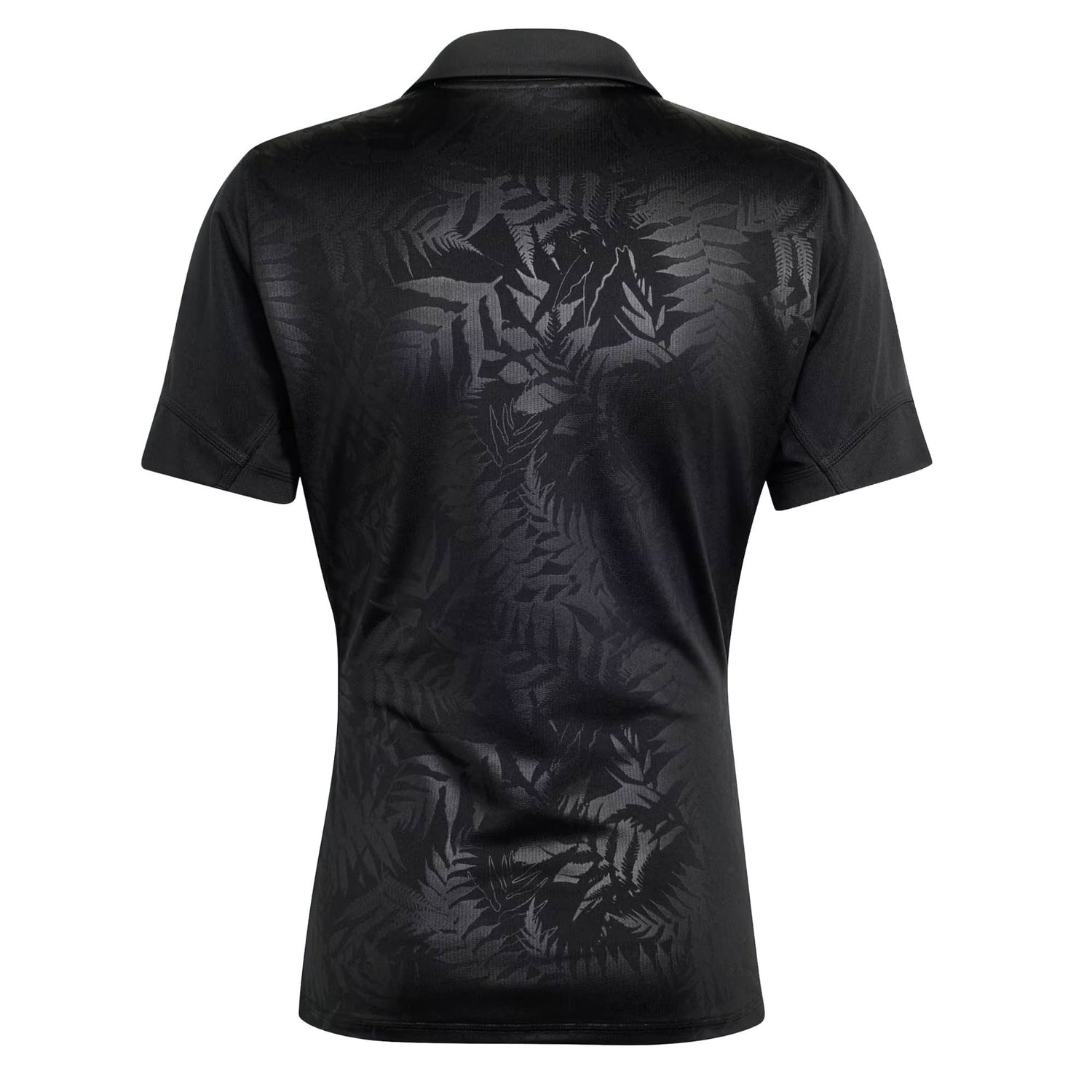 Black short-sleeved All Blacks Greatest Rivalry Performance Home Jersey by adidas shown from the back, featuring a subtle, glossy leaf pattern across the fabric—reminiscent of an iconic adidas rugby jersey.