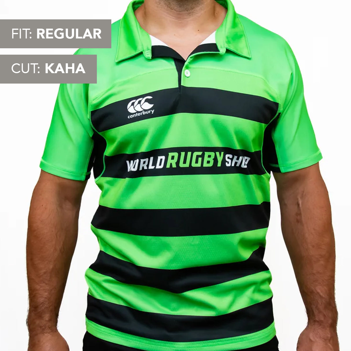 A person wears a bright green Canterbury Elite Full Custom Sublimated Jersey by Teamatical with black stripes and "World Rugby Shop" on the chest. Overlays read "Fit: Regular" and "Cut: Kaha.