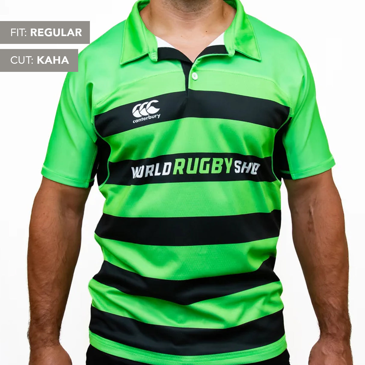 A person wears a bright green and black Teamatical Canterbury Elite Full Custom Sublimated Jersey - Mens, featuring "World Rugby Shop" on the front. Fit: Regular. Cut: Kaha.
