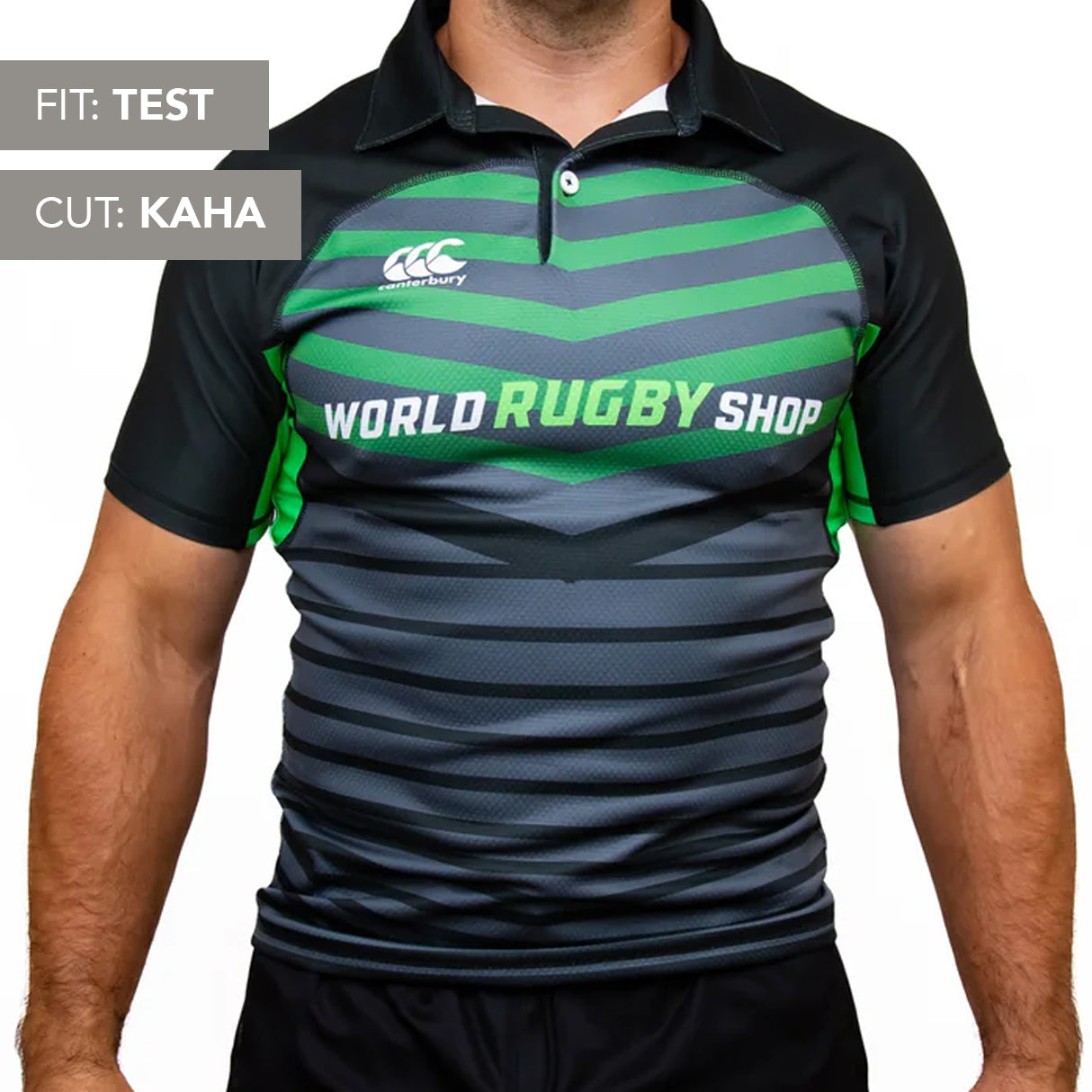 A person wears a black, green, and gray Canterbury Elite Full Custom Sublimated Jersey - Mens by Teamatical, with "FIT: TEST" and "CUT: KAHA" labels shown on the left side of the image.