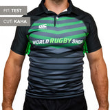 A person wears a black, green, and gray Canterbury Elite Full Custom Sublimated Jersey - Mens by Teamatical, with "FIT: TEST" and "CUT: KAHA" labels shown on the left side of the image.