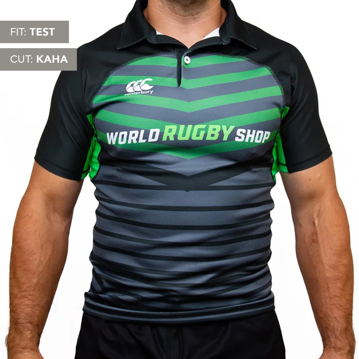 A person wearing a black and green Canterbury Elite Full Custom Sublimated Jersey - Mens by Teamatical, featuring text labels reading "Fit: Test" and "Cut: Kaha.