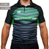 A person wearing a black and green Canterbury Elite Full Custom Sublimated Jersey - Mens by Teamatical, featuring text labels reading "Fit: Test" and "Cut: Kaha.