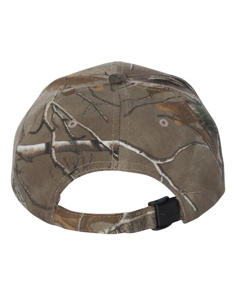 A rear view of the Birmingham Vulcans Camo Cap - Realtree Extra by EMB S&S Activewear, displaying its adjustable black plastic strap and nature-inspired Realtree Extra pattern with branches and leaves—an ideal choice for fans who value subtle style and outdoor flair.