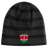 The EMB Canterbury Kenya Shield Beanie is a black and grey striped hat featuring the Kenya Shield emblem, ideal for proudly displaying your love for Kenya.