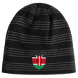 The EMB Canterbury Kenya Shield Beanie is a black and grey striped hat featuring the Kenya Shield emblem, ideal for proudly displaying your love for Kenya.