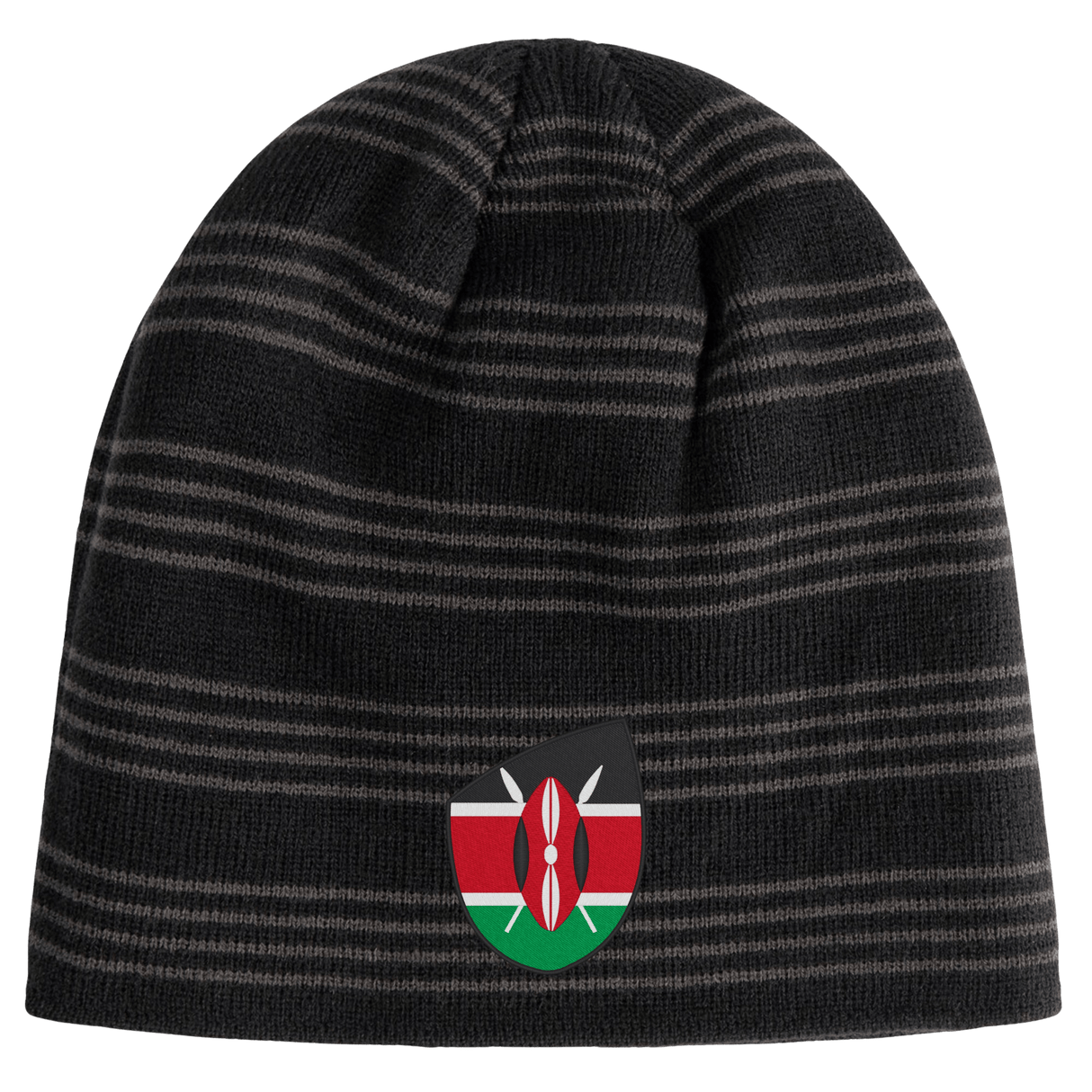 The EMB Canterbury Kenya Shield Beanie is a black and grey striped hat featuring the Kenya Shield emblem, ideal for proudly displaying your love for Kenya.