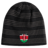 The EMB Canterbury Kenya Shield Beanie is a black and grey striped hat featuring the Kenya Shield emblem, ideal for proudly displaying your love for Kenya.