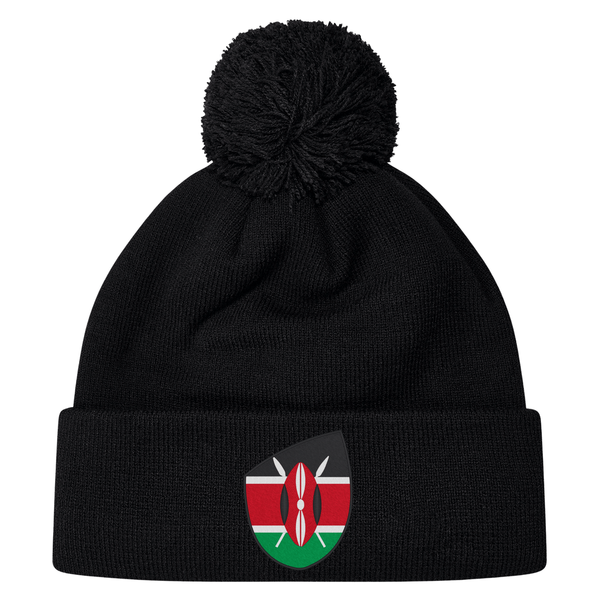 Just In: The stylish Kenya Shield Pom Pom Beanie by EMB Canterbury, featuring a black design with the iconic Kenya Shield emblem on the front and a fashionable pom-pom.