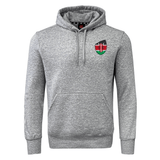 EMB Canterbury's Kenya Shield Club Hoodie: a gray sweatshirt fleece hoodie with a front pocket, drawstrings, embroidered shield with flag design, and small Kenyan flag emblem on the chest.