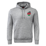 EMB Canterbury's Kenya Shield Club Hoodie: a gray sweatshirt fleece hoodie with a front pocket, drawstrings, embroidered shield with flag design, and small Kenyan flag emblem on the chest.