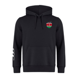 Discover the Kenya Shield Club Hoodie by EMB Canterbury, a black masterpiece crafted from premium fleece. It features an embroidered shield with a flag design on the left chest and a striking white pattern on the right sleeve, blending comfort with national pride.