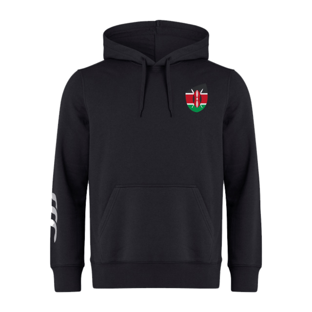 Discover the Kenya Shield Club Hoodie by EMB Canterbury, a black masterpiece crafted from premium fleece. It features an embroidered shield with a flag design on the left chest and a striking white pattern on the right sleeve, blending comfort with national pride.