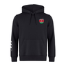 Discover the Kenya Shield Club Hoodie by EMB Canterbury, a black masterpiece crafted from premium fleece. It features an embroidered shield with a flag design on the left chest and a striking white pattern on the right sleeve, blending comfort with national pride.
